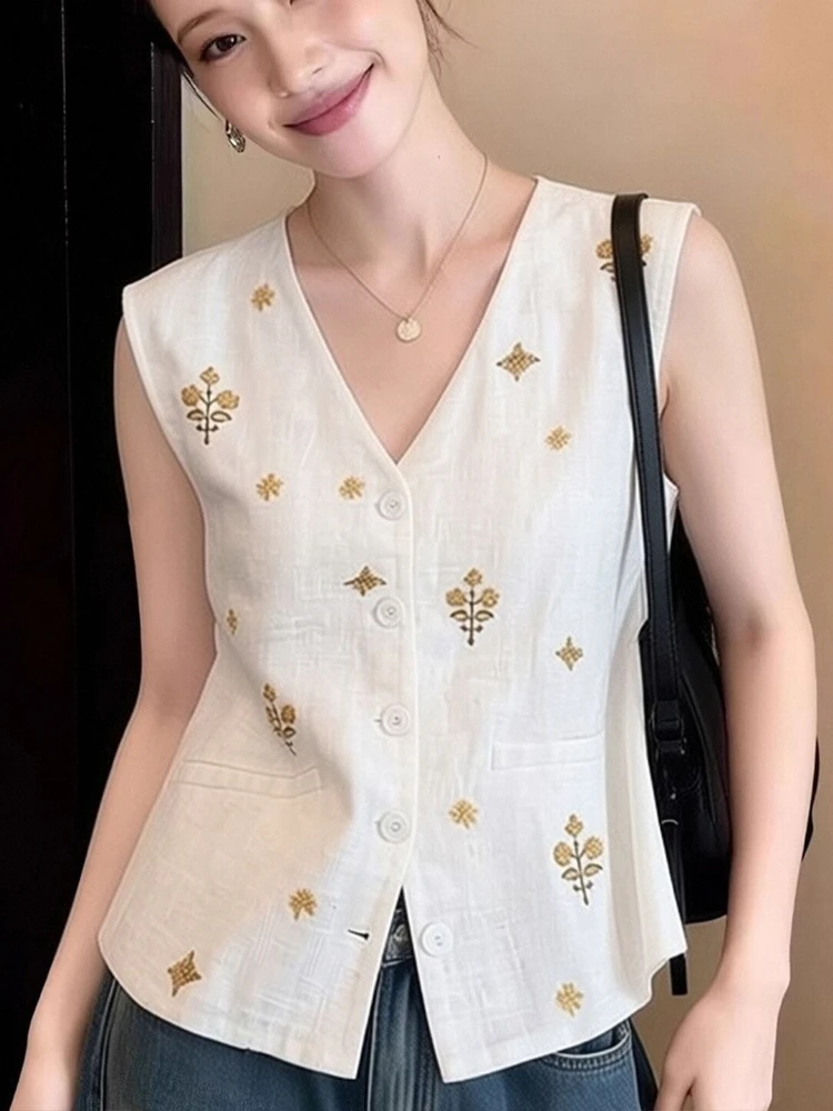 Women's V-Neck Sleeveless Embroidered French Linen Vest Elegant Floral Jacquard Summer Blazer Chic Casual Outwear Resort Wear