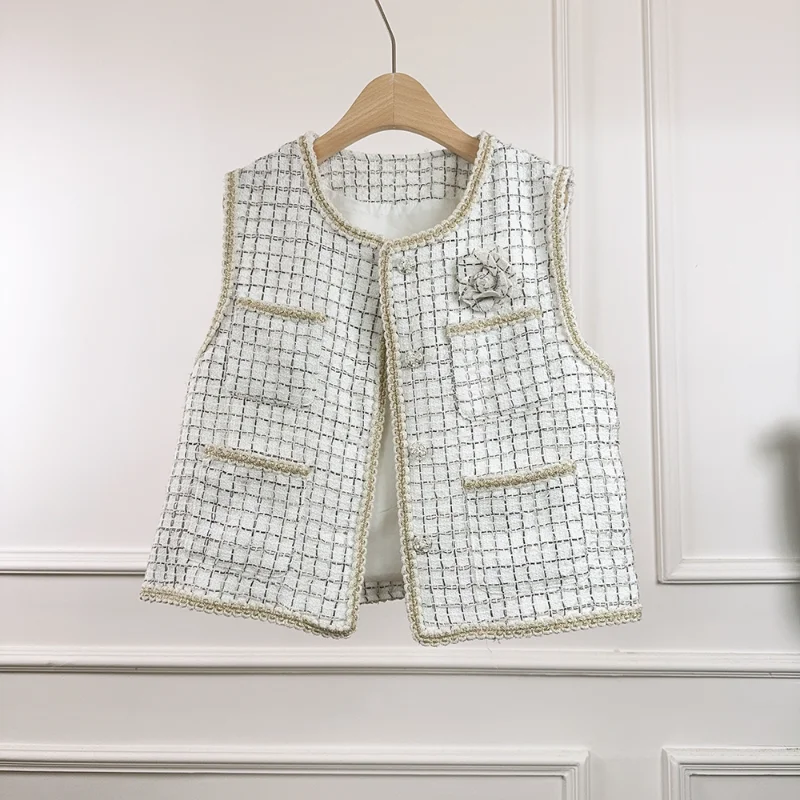 High Quality O Neck Plaid Small Fragrance Sleeveless Coat Women Fashion Tweed Pink 3D Flower Sweet Sleeveless Vest Coat Woman