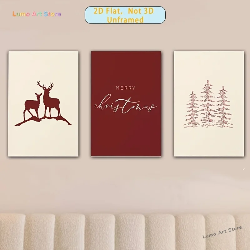 2D Flat, 3pcs, 2D Flat, Unframed, a Set of 3 Christmas Canvas Art Prints - Unframed Wall Decor, Featuring Holiday Tree and Re