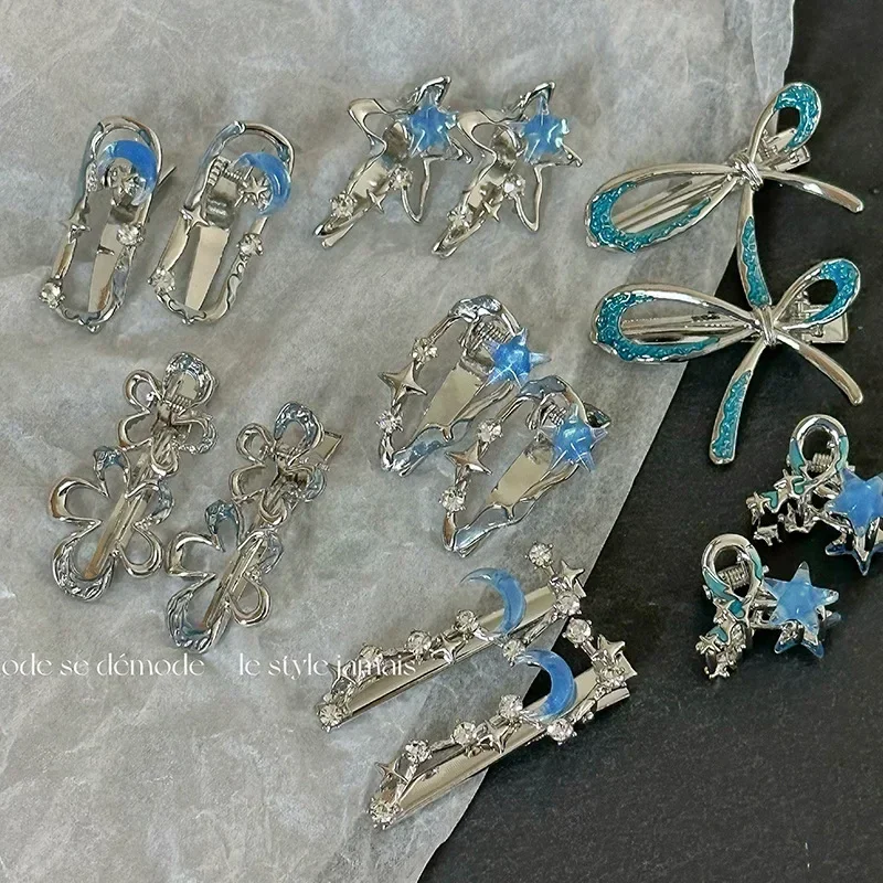 Y2K Blue Silver Alloy Hair Clip Korean Simple Girls Blue Rhinestone Star Metal Duckbill Clip Bangs Side Clip Hair Accessories