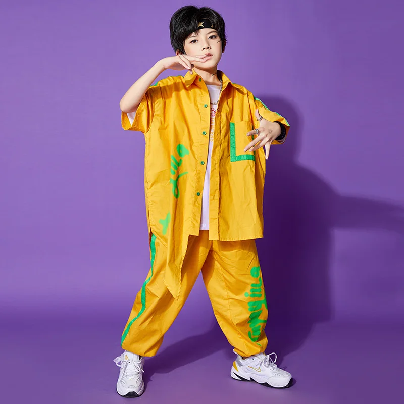 Wear Pants for Girls Boys Jazz Dance Costume Set Clothes Kids Hip Hop Showing Clothing Yellow Short Sleeve Shirt Tops Street