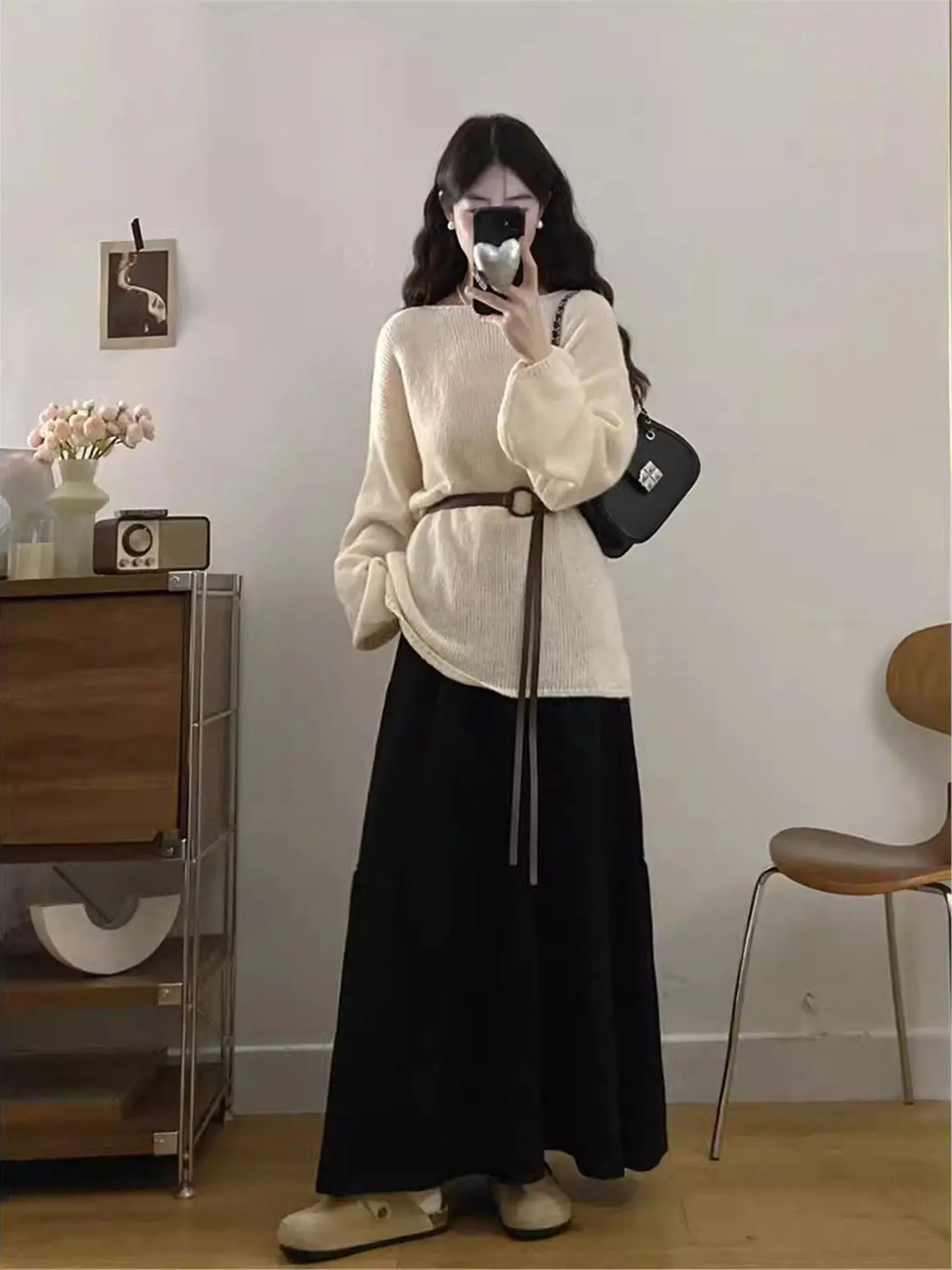 

Весенний комплект 2026: вязаный свитер и юбка миди больших размеров для женщин, повседневный, с высокой талией и поясом, в корейском стиле