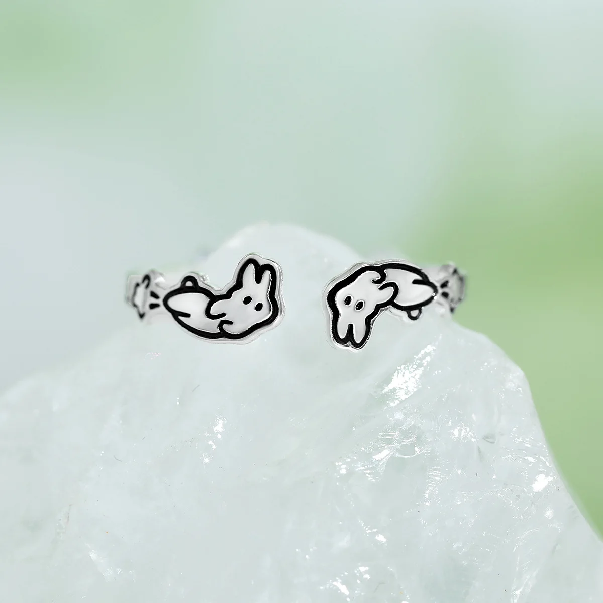 F.I.N.S Original Rabbit S925 Sterling Silver Ring Trendy Graffiti Fun Cartoon Cute Line Bunny Open Finger Fine Jewelry Gifts