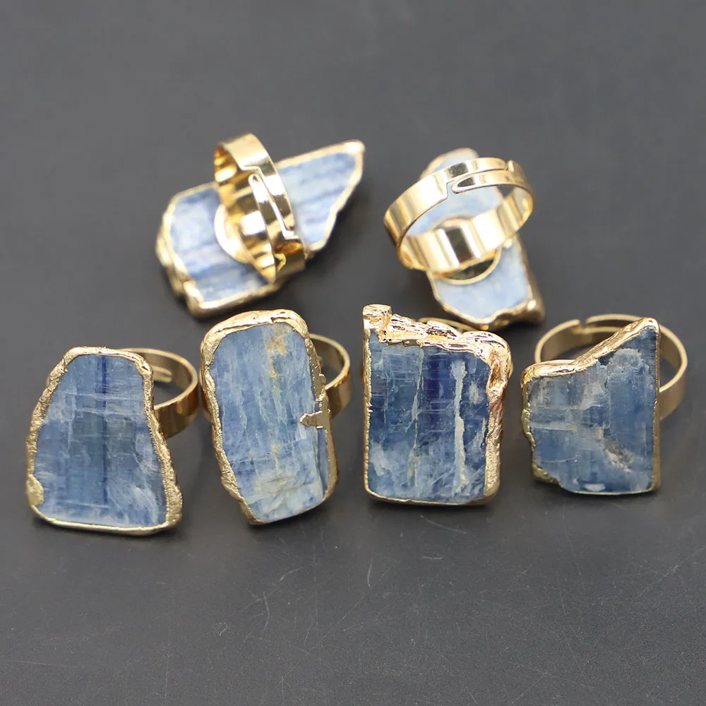 Natural Stone Kyanite Cyanite Disthene Sappare Ring Handmade Electroplated Gold Plated Free Form From Brazil Natural Stone Style