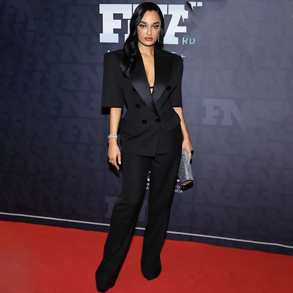 

Minimalist Black Half Sleeve Women's Suits 2026 Customized Double Breasted Satin Peak Lapel 2 Piece Jacket Pants Outfits