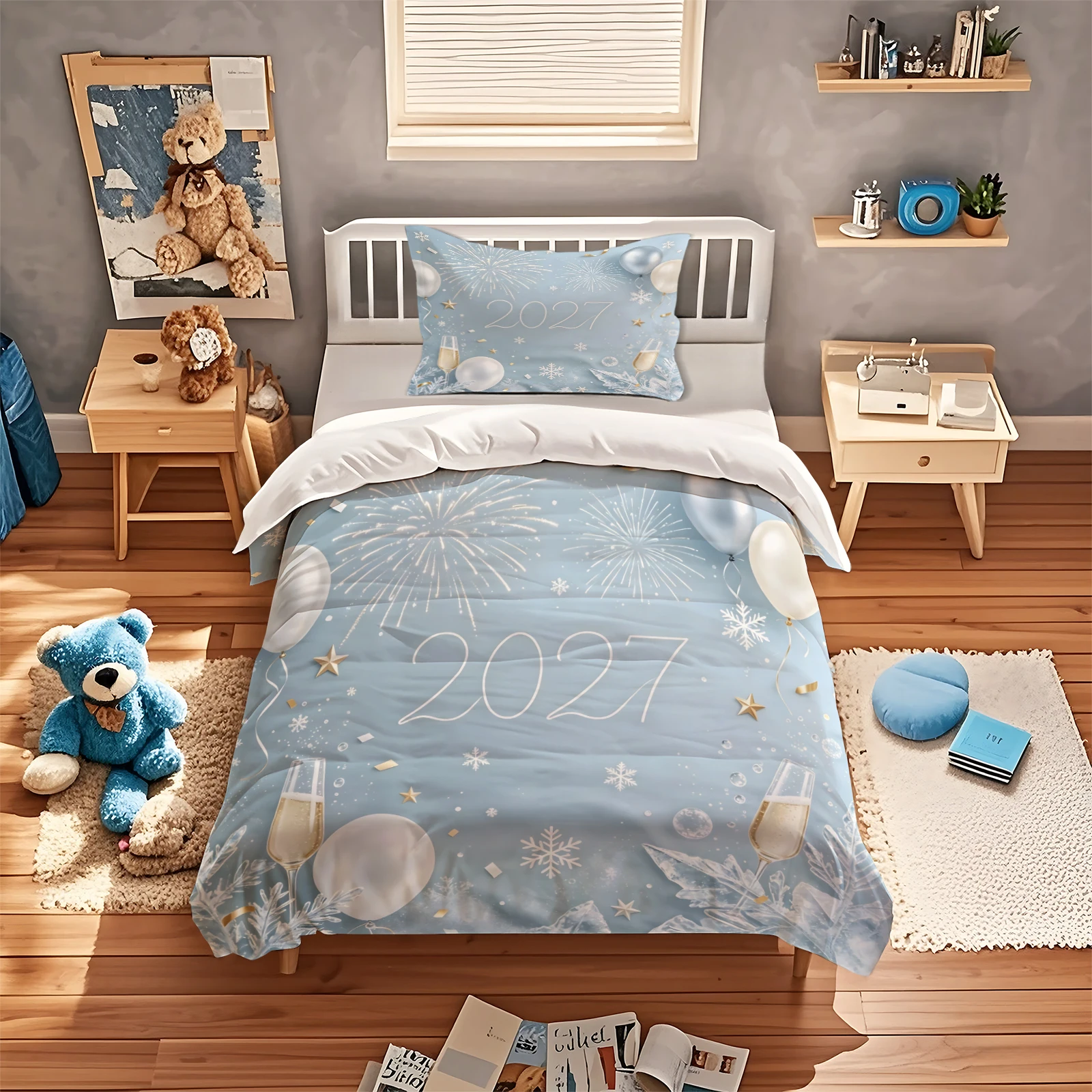 2027 New Year Duvet Cover Set Light Blue Firework Snowflake Balloon Print Bedding Set Quilt Cover with Pillowcase Holiday Decor