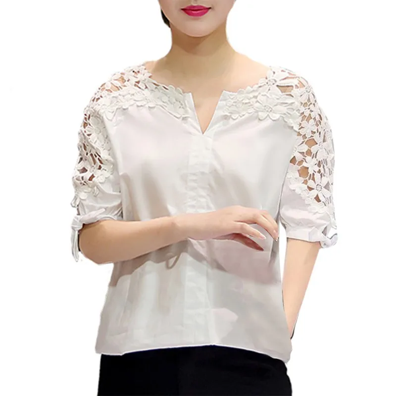 Plus Size Summer Women  Hollow Out Blouse Shirt Top Women Casual Cotton Half Sleeve V-neck Shirts Tops