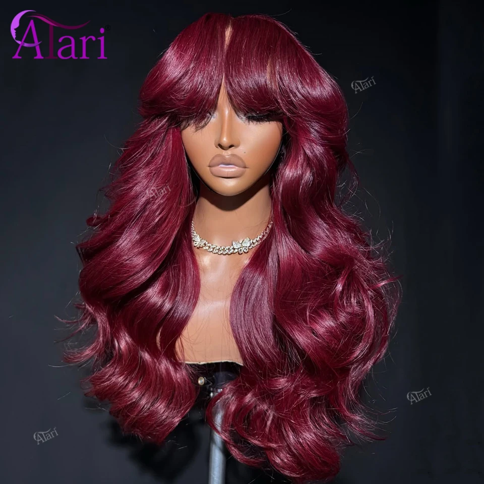 

Burgundy Red with Bangs Human Hair Wave Wigs Transparent 13X4 13X6 Lace Frontal Wig Berry 99 Brazilian Hair Wig Pre Plucked