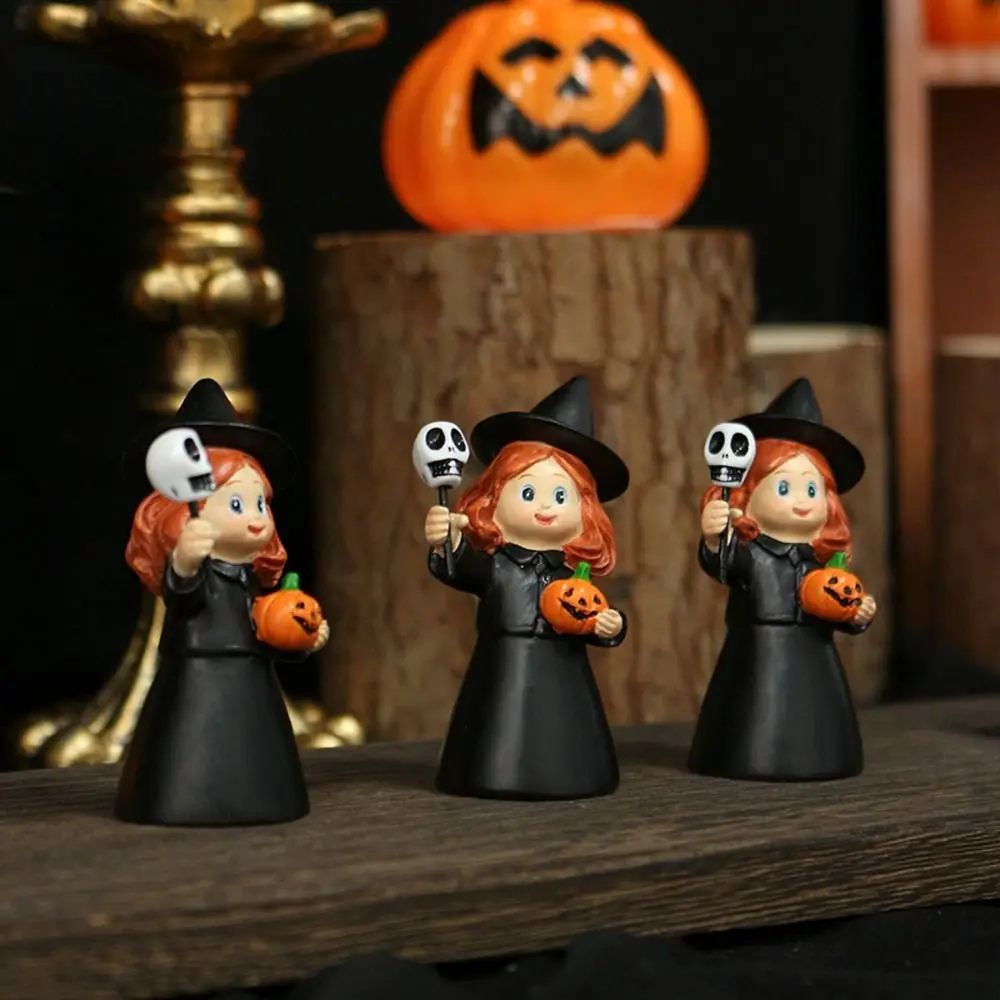 

3Pcs Cute Halloween Witch Statue Creative Cartoon Resin Girl Figurines with Skull Pumpkin Funny Halloween Party Decoration