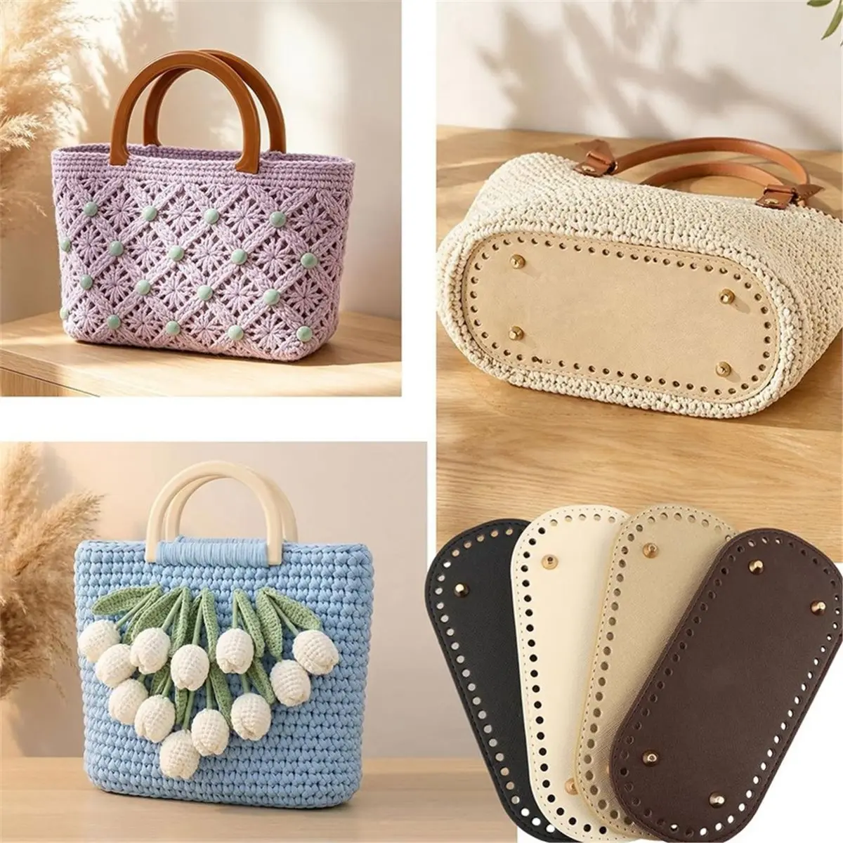 4+8 PCS Bag Bases for Crochet with D Shape Purse Handles, 3 Crochet Hooks, PU Leather Bottoms for DIY Bag Making