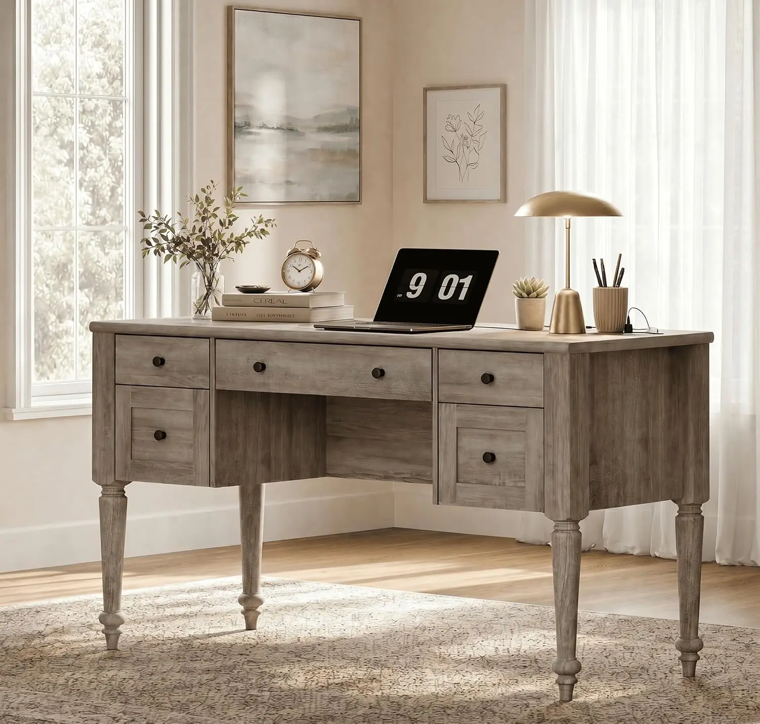 Farmhouse Executive Desk With Drawers & Charging Station, Storage Cabinet & Open Shelf, 56 Inch, Grey, Customized