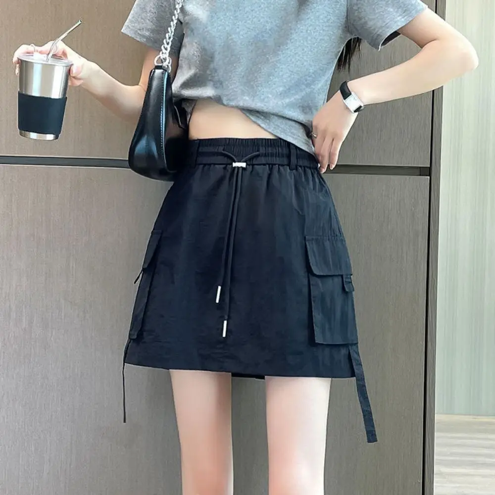 

Loose High Waist Skirt Lace Up Large Pocket Wide Half Leg Skirts Drawstring Spicy Girl Style Causal Skirts Women Streetwear