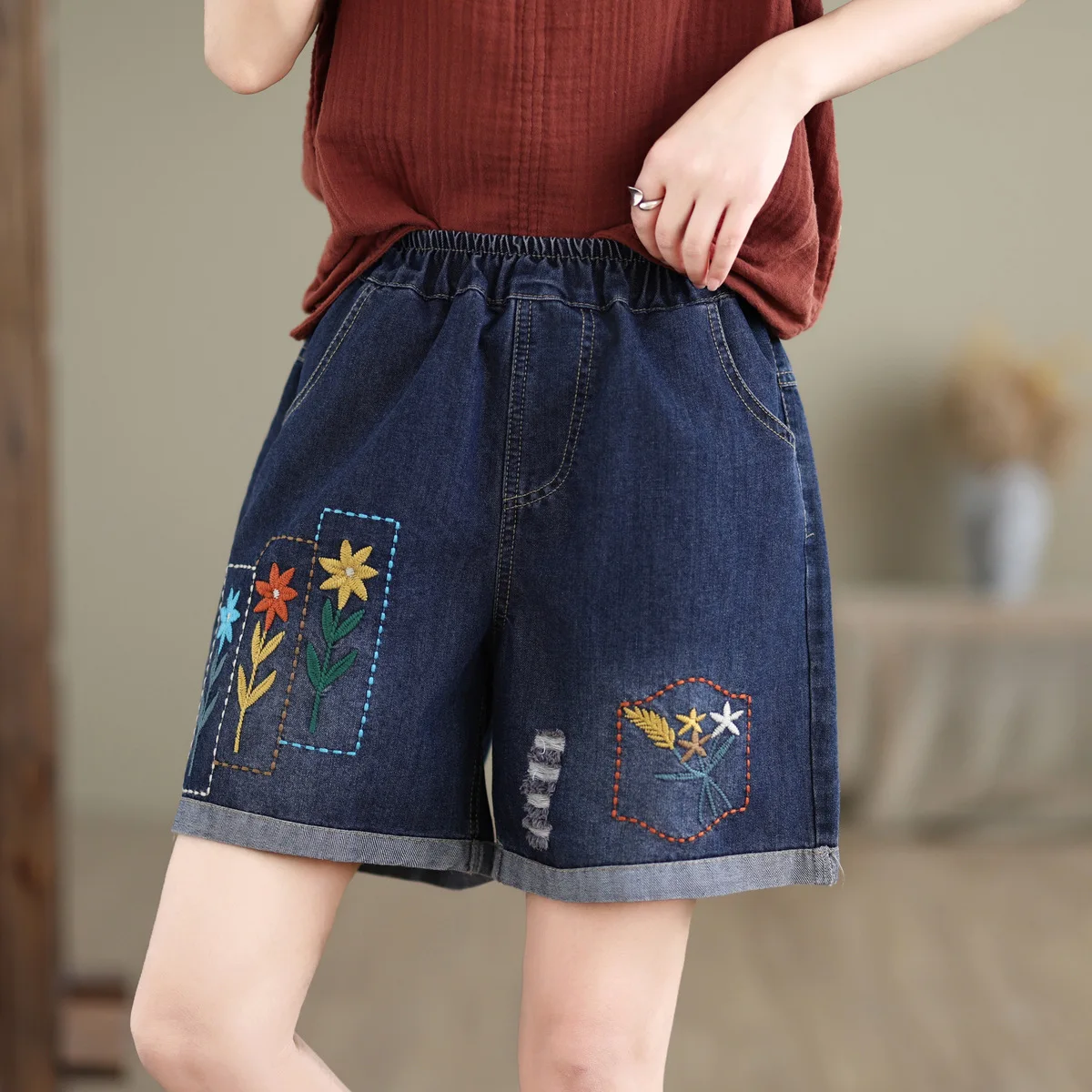 

Mori kei clothing Japanese style designer elastic waist vintage floral embroider denim shorts summer loose jean shorts