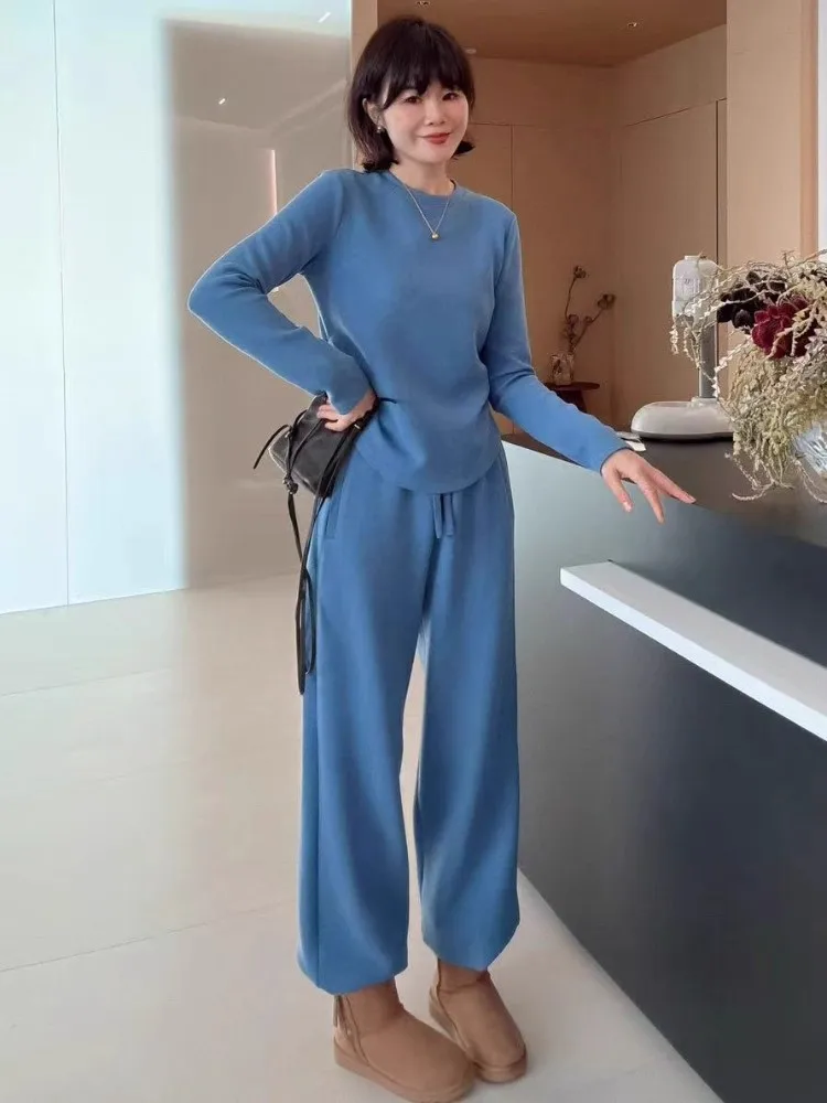 

Thiened Spor Casual Korean Sle Winter Outfit Two-Piece Set round Ne Sweatirt Wide Leg Pants Faionable Ensemble