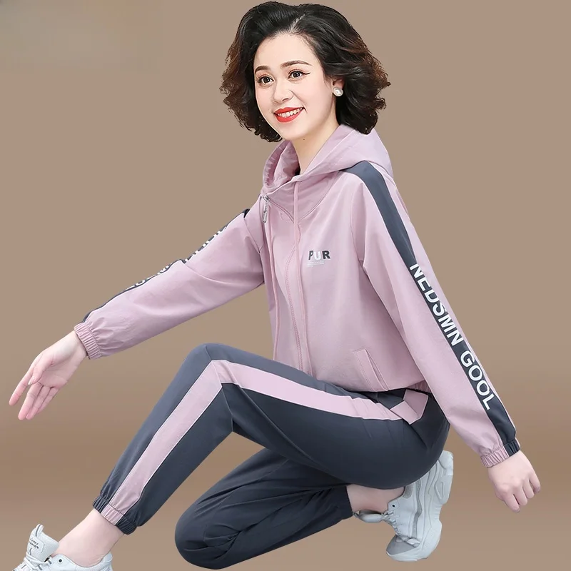 

Весенне-осенний женский спортивный костюм: модный комплект для женщин среднего возраста больших размеров, осенняя верхняя одежда для мам, костюм-двойка с прямыми брюками.