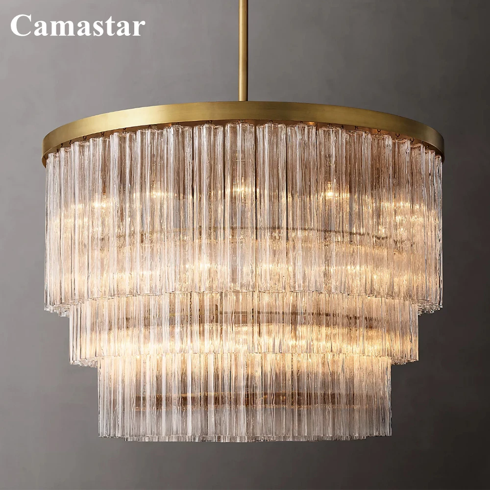 Cielo Three-Tier Round Chandelier Lustre Clear Fluted Cylindrical Pendant Chandeliers for Dining Room Modern Black Brass Lights