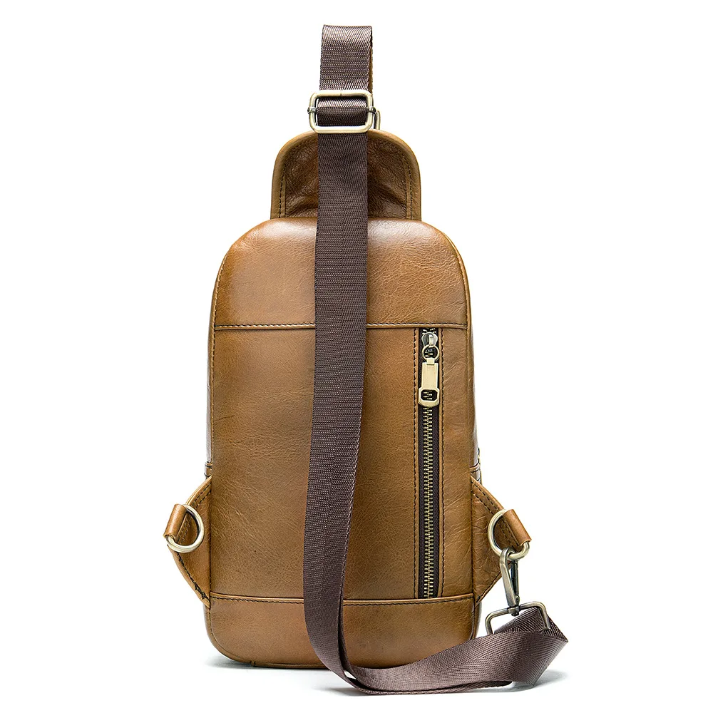 Trendy Men Outdoor Chest Bag Top Grain Leather Crossbody Sling Pack Sport Casual Shoulder Purse Edgy Style