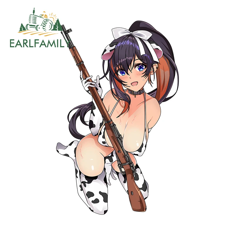 

EARLFAMILY 13cm X 8.2cm for Sexy Anime Girl Gun Cow Girl Bikini Milk Car Stickers Personality Cartoon Decals Car Label Decor
