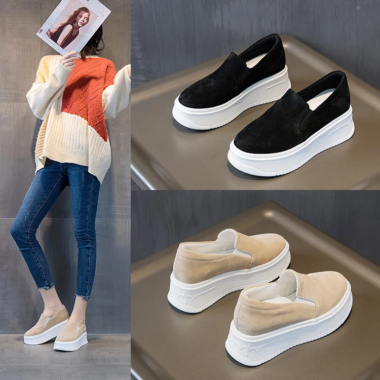 Sepatu mokasin Platform musim semi, sepatu loafer wanita kasual Chunky bersirkulasi flat Wedge Platform musim gugur kulit asli 8CM