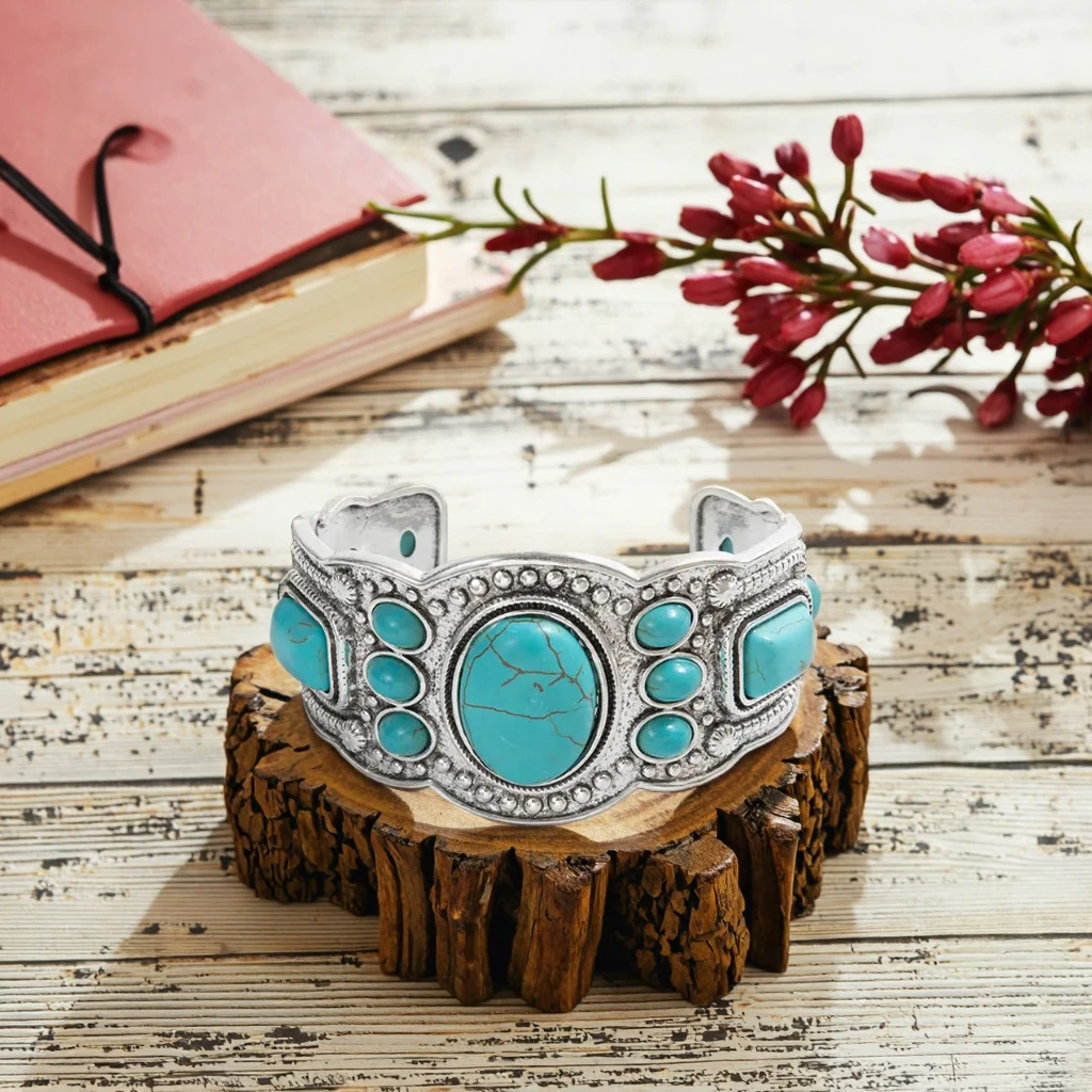 Handcrafted Wide Bangle with Turquoise Stone December Birthstone Bracelet for Daily Wear Bohoturquoise-Inspired Cuff Bracelet