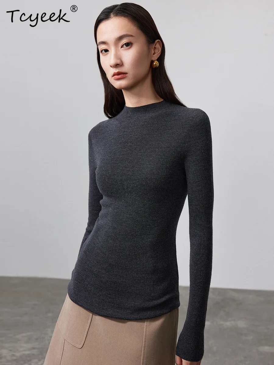 

Tcyeek, элегантные свитера из 100% мериносовой шерсти, женские свитера с воротником-стойкой и длинными рукавами, модный повседневный вязаный топ, осень-зима 2024, T48624QM
