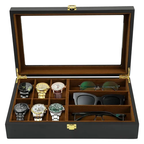 Caja organizadora de relojes, 6 relojes, 3 ranuras, gafas de sol, caja organizadora de relojes de madera con tapa de vidrio Real, regalos perfectos para familiares o amigos