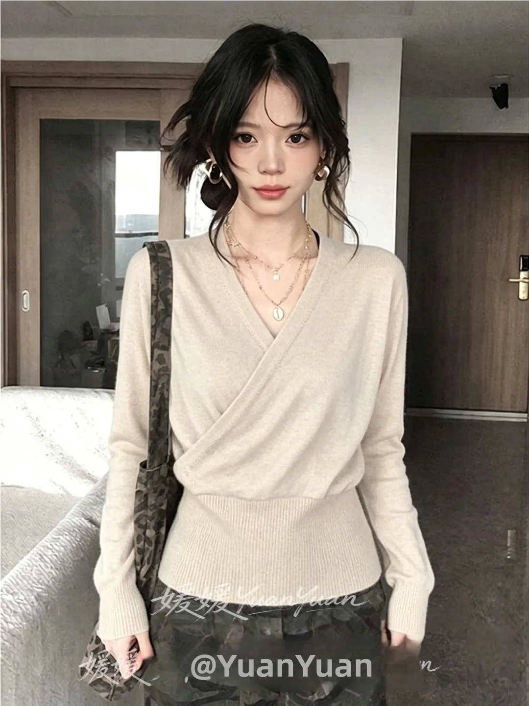 Casual Oatmeal Overhead Long Sleeve Knitted Sweater Women's Simple Cross Slimming Personality Inner Wear Base Top