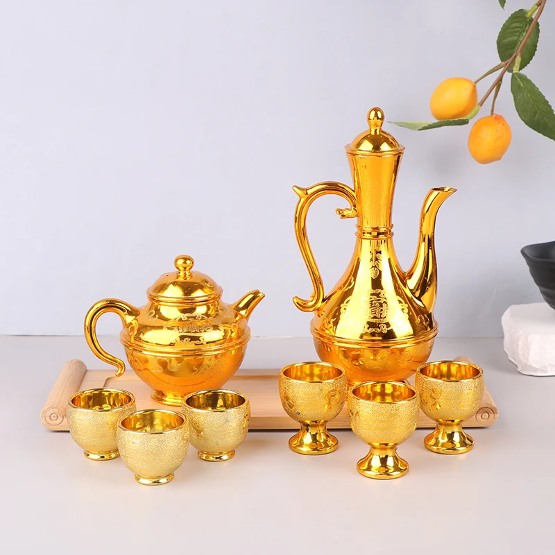 1PC Wine Kettle Coffee Pot Set Vintage Wine Glasses Jug Exquisite Tea Pot Golden Teapot Household Classic Temple Offering Cup