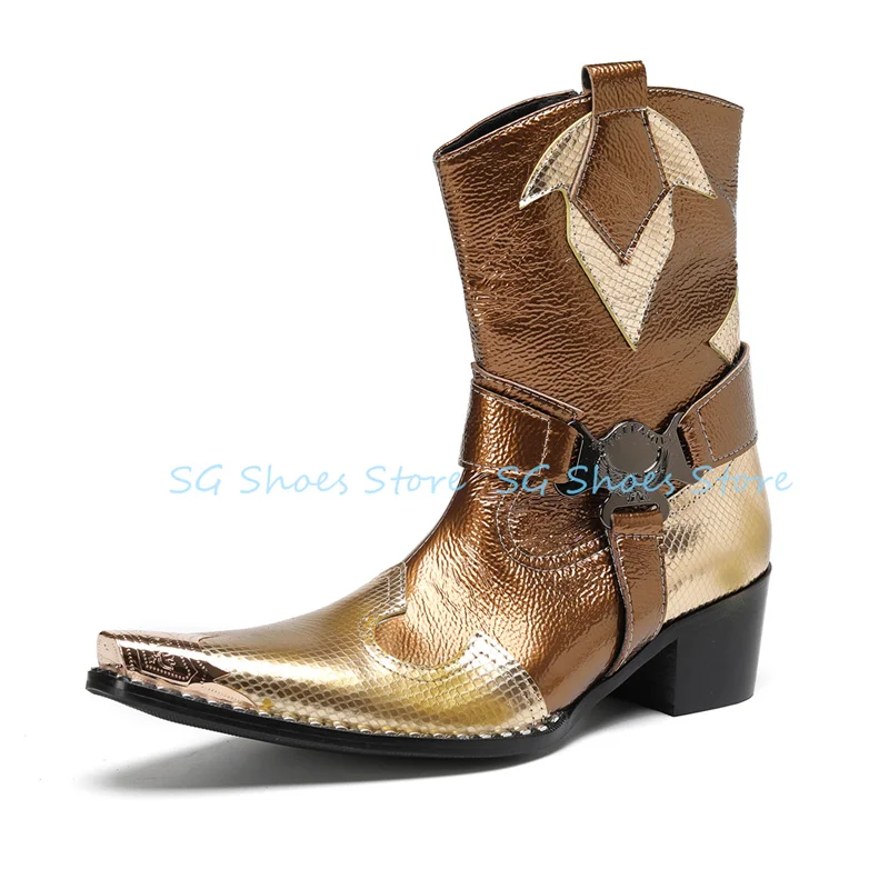 

Male Metal Pointed Toe Belt Buckle Western Cowboys Boots Fashion Mixed Color Chunky Heel Mid-Calf Boots Men's Party Dress Shoes