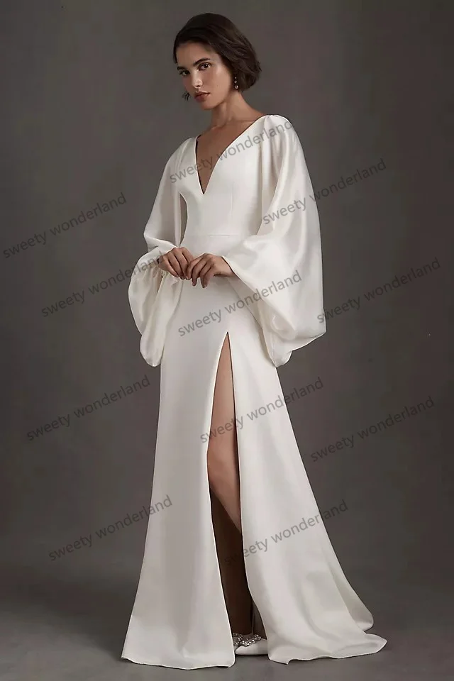 Vestido de noiva monocromático com mangas compridas, vestido de noiva sem costas, roupões de praia com fenda lateral, linha A, verão