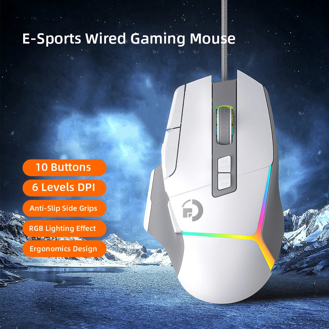 Wired Gaming Mouse 6 Levles DPI Game Office Mode 1000Hz Polling Rate RGB Lighting Effect 10 Buttons For Medium and Larger Hands