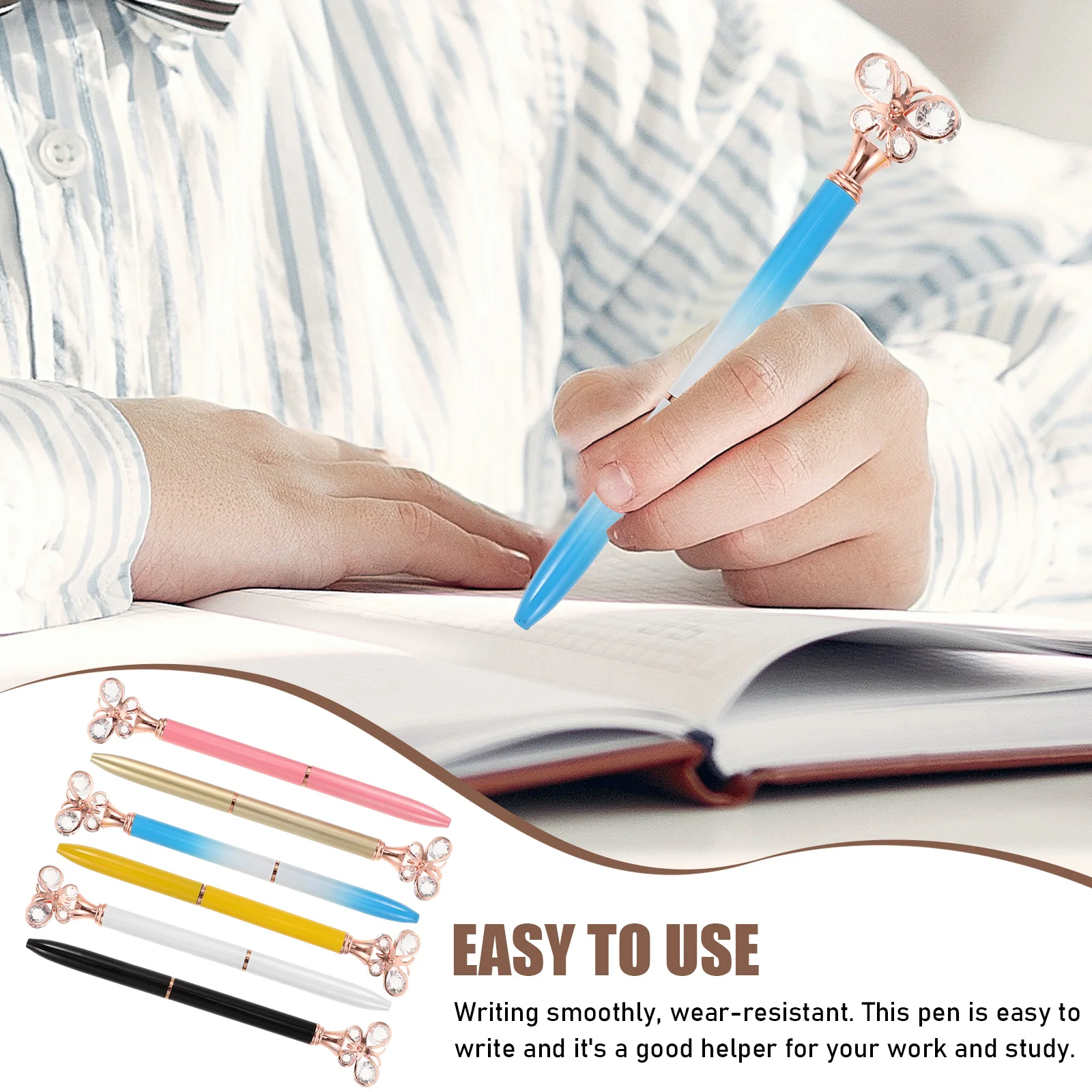 

6 Pcs Diamond Butterfly Pen Crystal Adorned Metal Handle Smooth Writing Office Stationery School Supplies Gifts