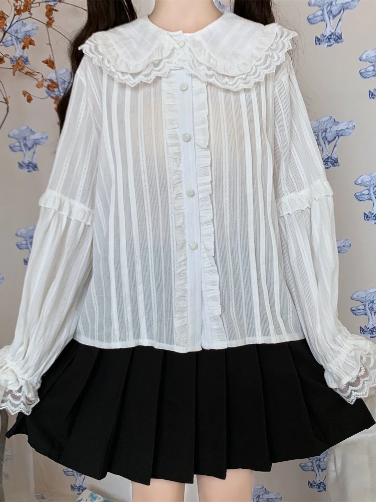 KOSAHIKI Japanese Kawaii Lolita Blouse Lace Ruffle JK Shirt Women Peter Pan Collar Long Sleeve Tops Female Casual Sweet Blusas