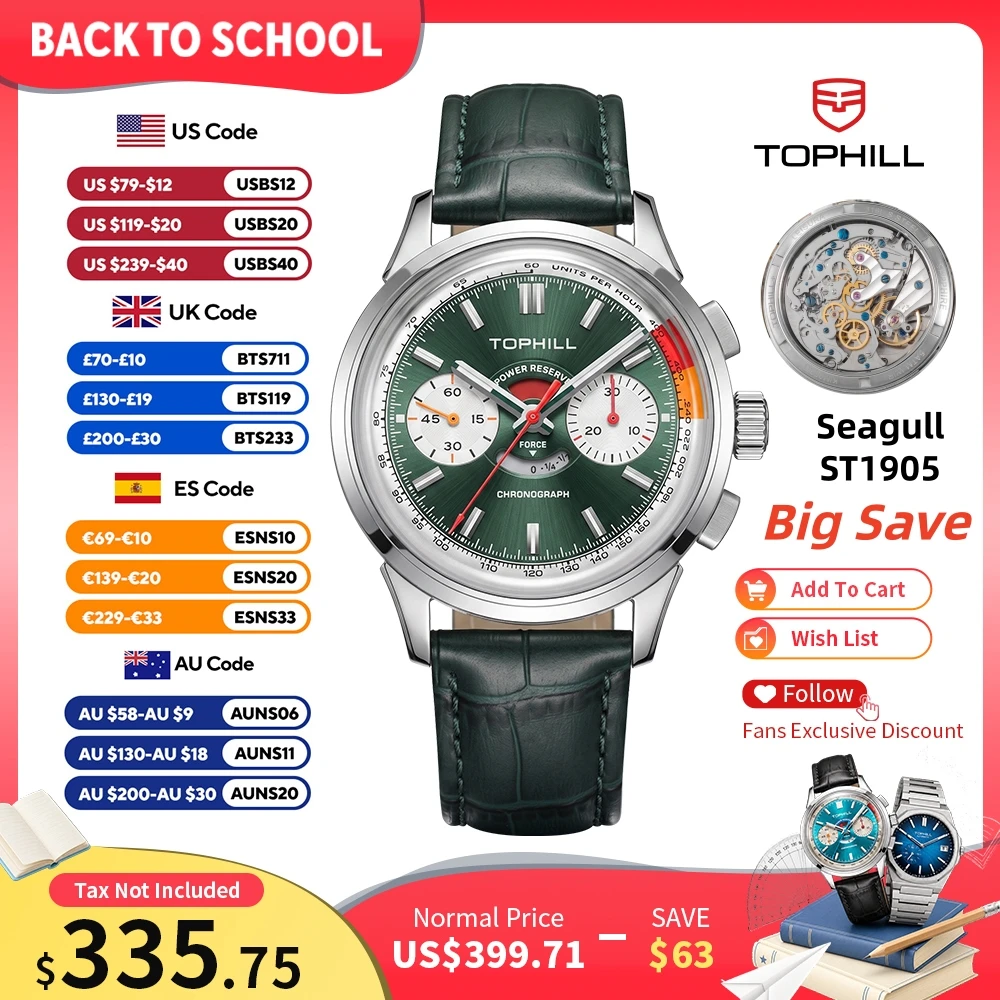 TOPHILL+ Watch For Men Seagull ST1905 Retro Hand-Wound Chronograph Reloj Domed Sapphire Crystal C3 Luminous 5Bar KIM003G