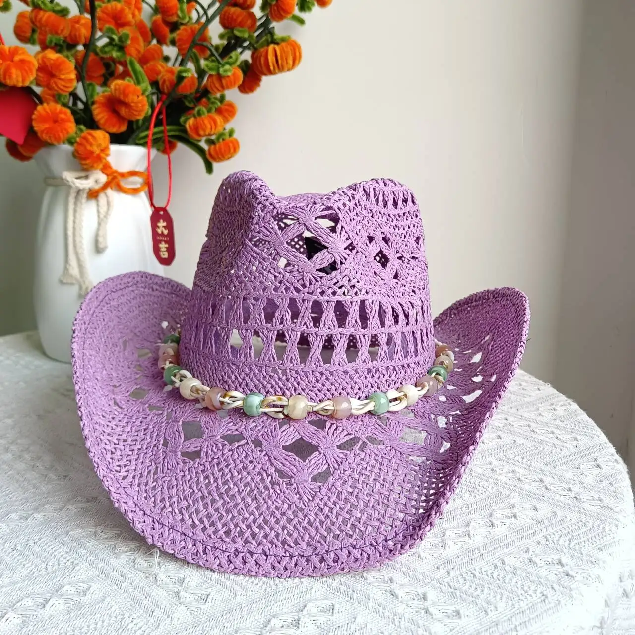 

Summer women's cowboy hat hand-woven western cowboy paper straw hat wide brim breathable beach jazz hat sun hat