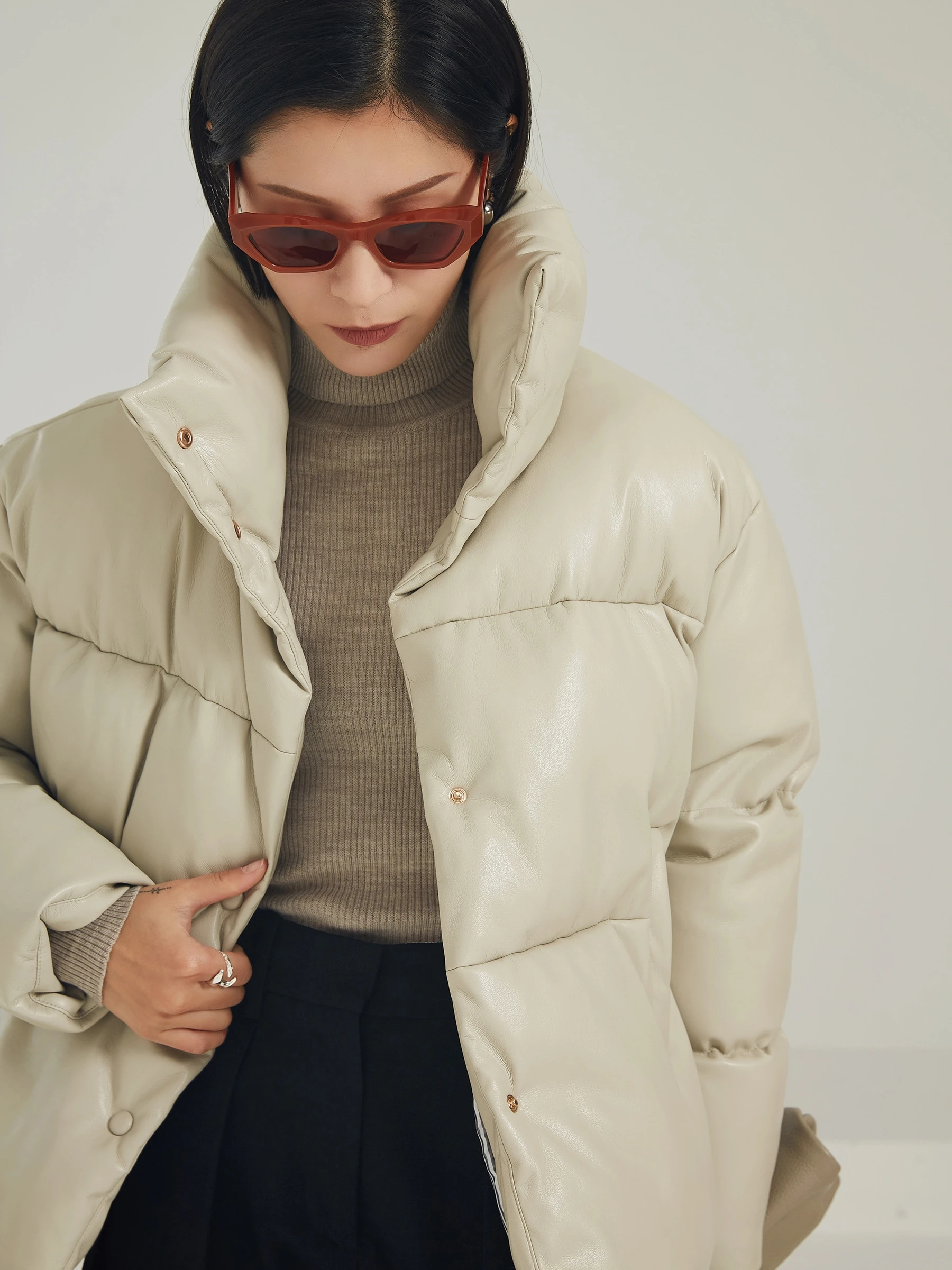 

TINNTINN Original Eco-friendly Cotton Thiened Bread Jaet Stand Collar PU Leather Warm Outerwear Simple Commute Sle Long...