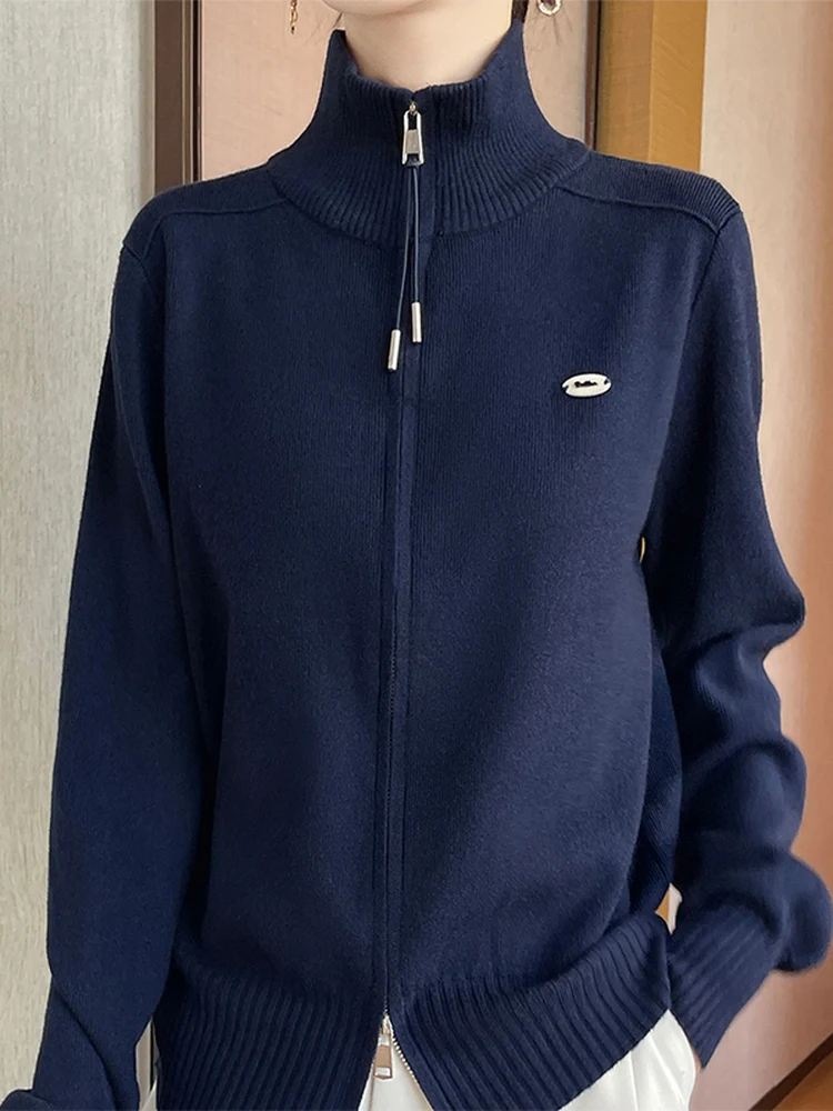 

Модный вязаный кардиган с воротником-стойкой и двойной молнией, корейский свободный крой, мягкая длинная женская повседневная одежда све