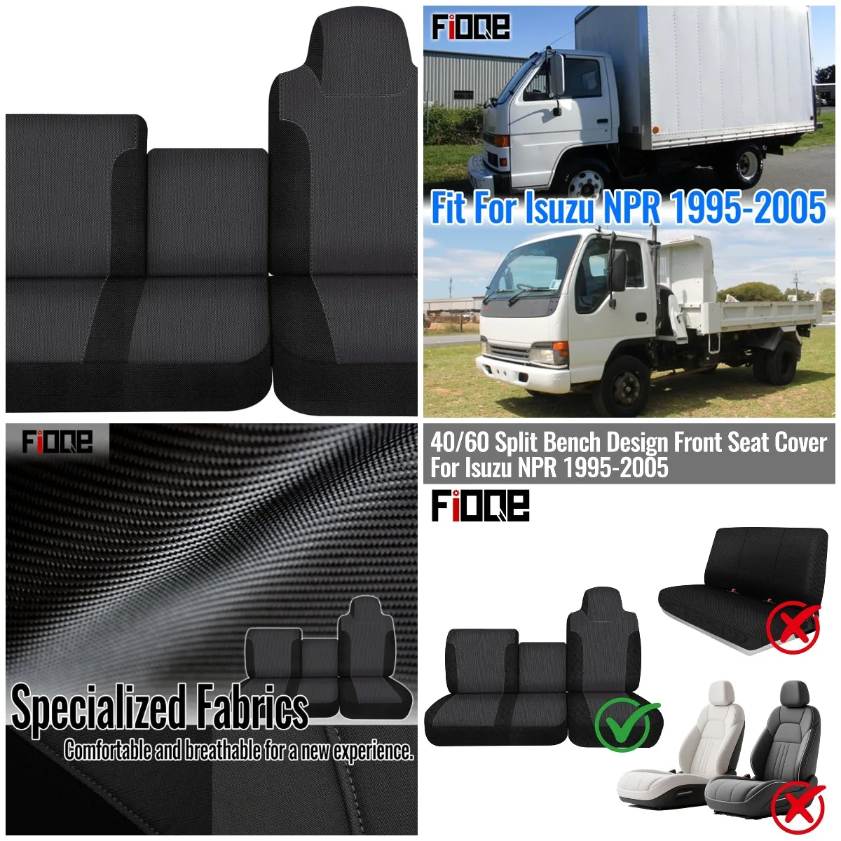 

40/60 Split Bench Seat Cover for Isuzu NPR 1995-2005, Knitted Fabric with Soft Foam Lining - Black