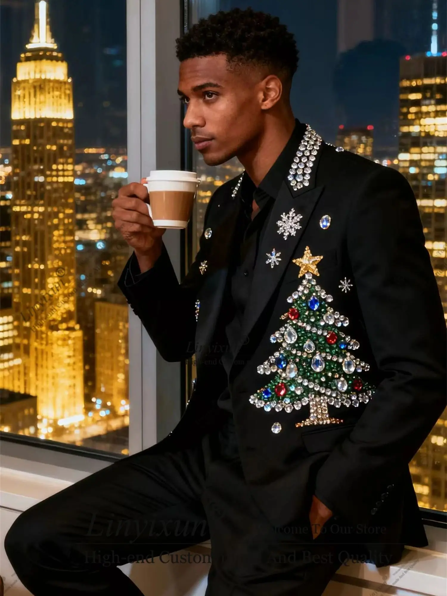 

Handsome Ornament Diamonds Men Suits 2 Piece Sets Groom Male Blazers Customized Slim Fit Wedding Tuxedos Party Costume Homme