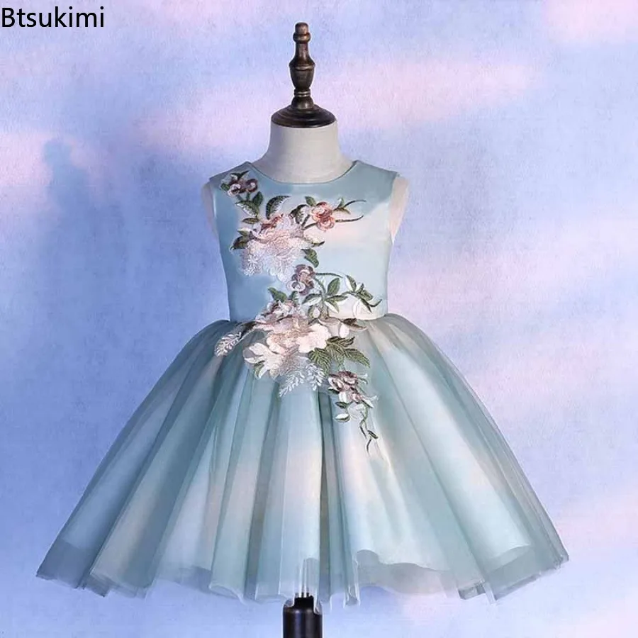 Girl's Green Embroidered Princess Dress Sleeveless Chiffon Fluffy Party Dress Children's Wedding Dress3D Flower Decal Ball Dress