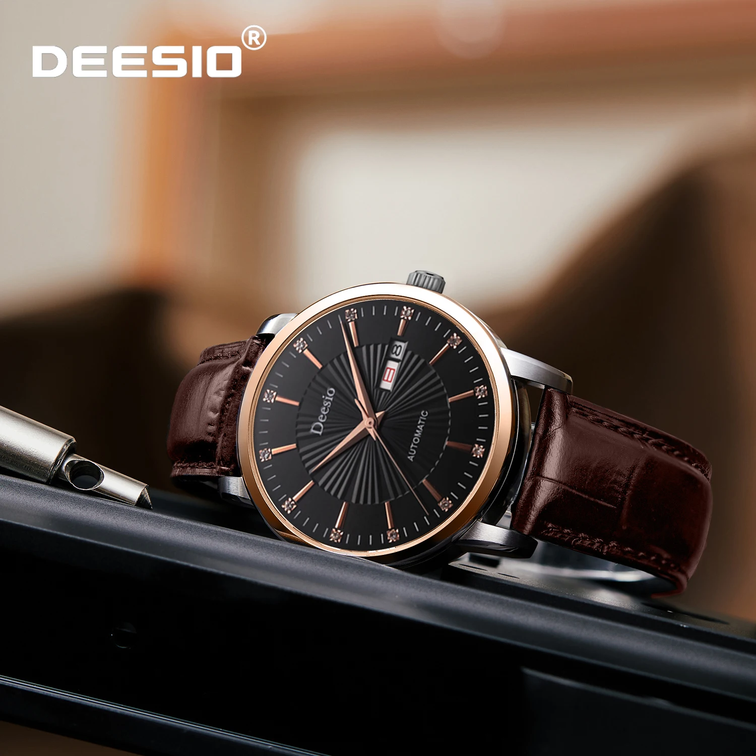 

Deesio мужские автоматические часы с автоподзаводом, деловое платье, корпус из нержавеющей стали, кожаный ремешок, водостойкий, 30 м, роскошные подарки для мужчин