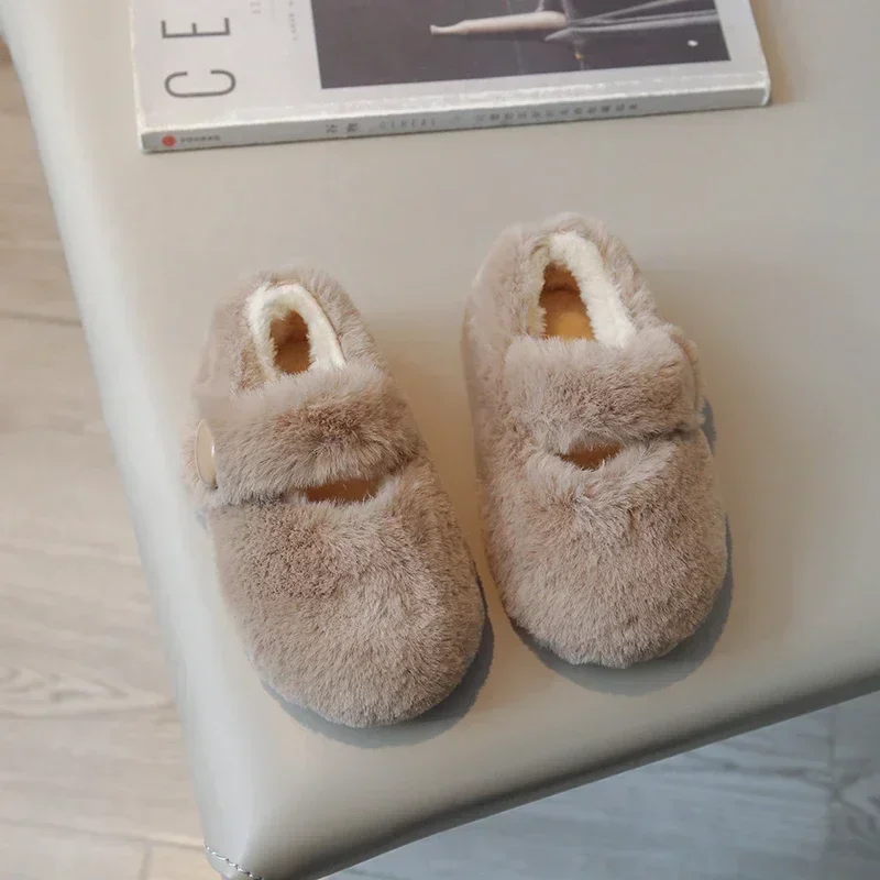 Kids Flat Shoes Fluffy Fur Warm Shallow New 2024 Winter Children Casual Shoes Hook-loop Cover Toe Comfy Girls Shoes