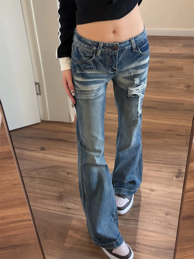 

plus Size American Retro Double Pocket Design Denim Pants Women's Sexy Slimming Hole Cross Straight Leg Jeans High Waist