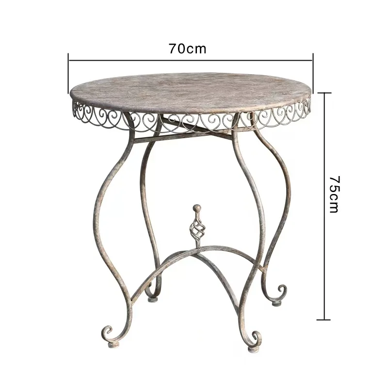 Round Patio Coffee Table, Vintage Distressed Finish, Iron, 27.56 x 29.53 Inch, Scrolled Legs, Antique Style