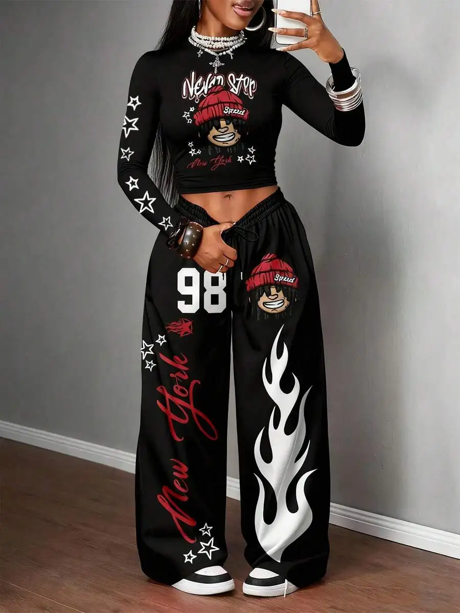 

Black Cropped Long Sleeve Top and Wide Leg Pants Set with Graphic Print