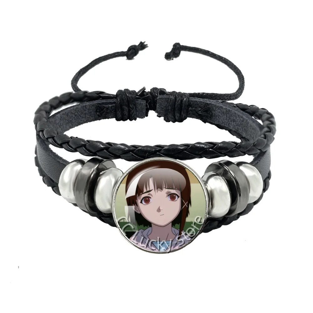 18mm Black Leather Bracelet Hot Serial Experiments Lain God of the Wired Lain Iwakura Glass Accessories Jewelry Cosplay Gift