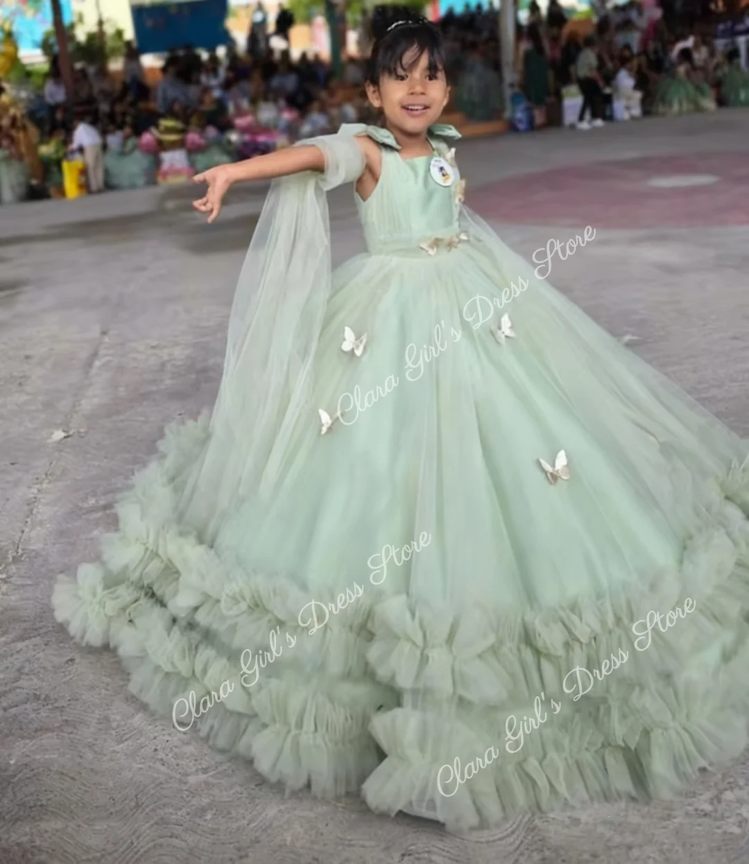 Vestido de lujo de flores para niña, tul verde de calidad, capas esponjosas para princesa pequeña, boda, fiesta de cumpleaños, vestidos de baile de noche