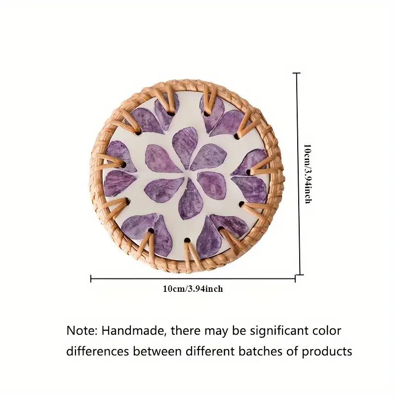 Anti-scalding Rattan And Ceramic Shell Coasters Handmade Creative Colorful Round Coffee Table Mats Bowl Mats For Home Decor