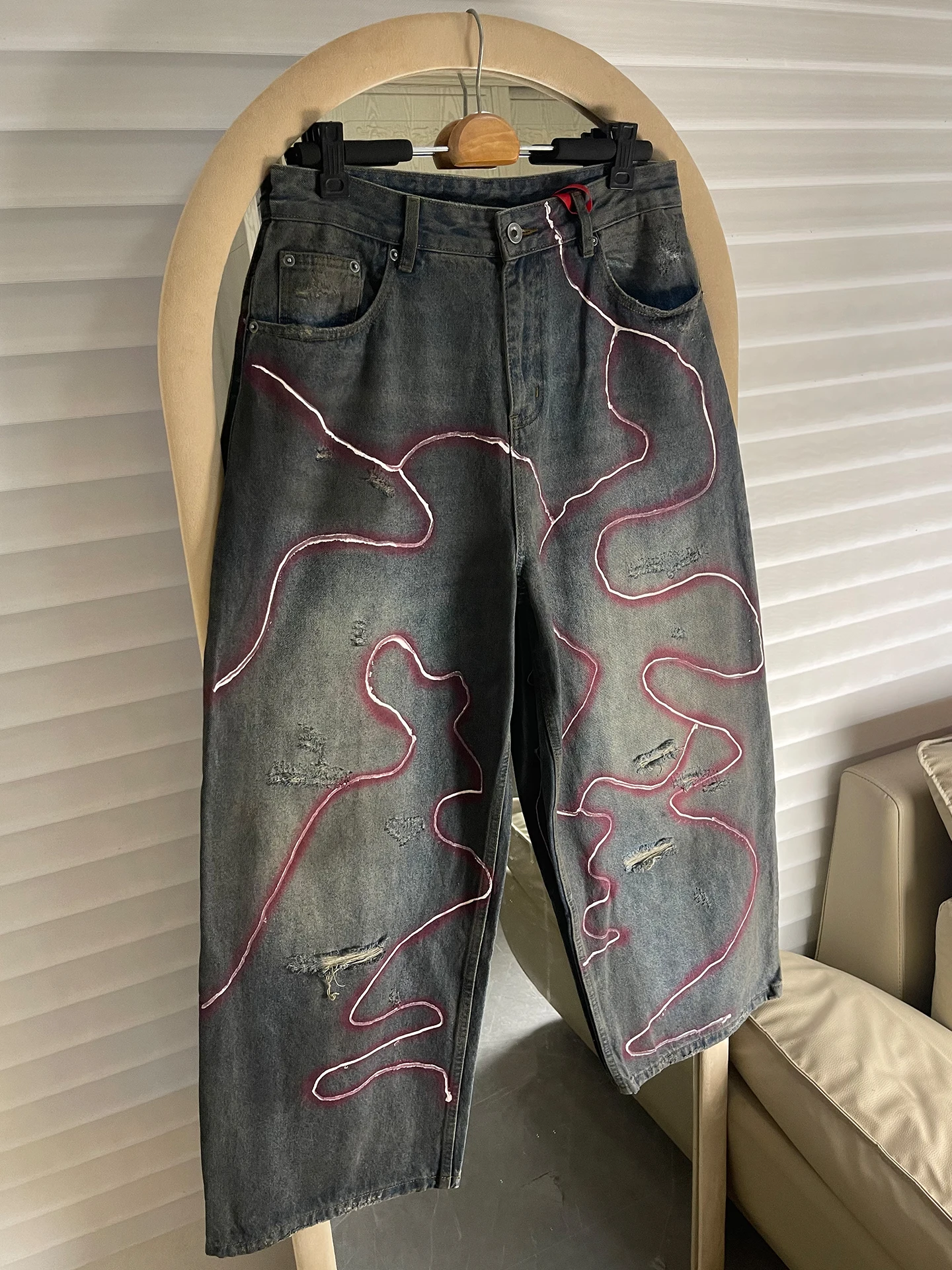 

Parisian Sle Heavy Du fiti Denim Jeans ex American Retro Distred Loose Hole Wide Leg Long Trousers Trendy