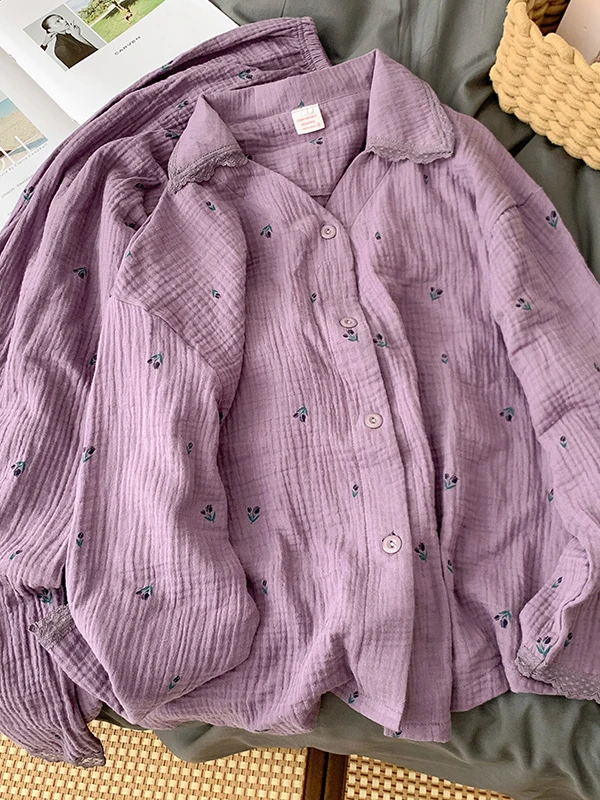 Retro Korean Sweet Purple Floral Pure Cotton Flannel Sleepwear Long Sleeve Women's Spring Autumn Home Clothes Set Outdoor Wea...